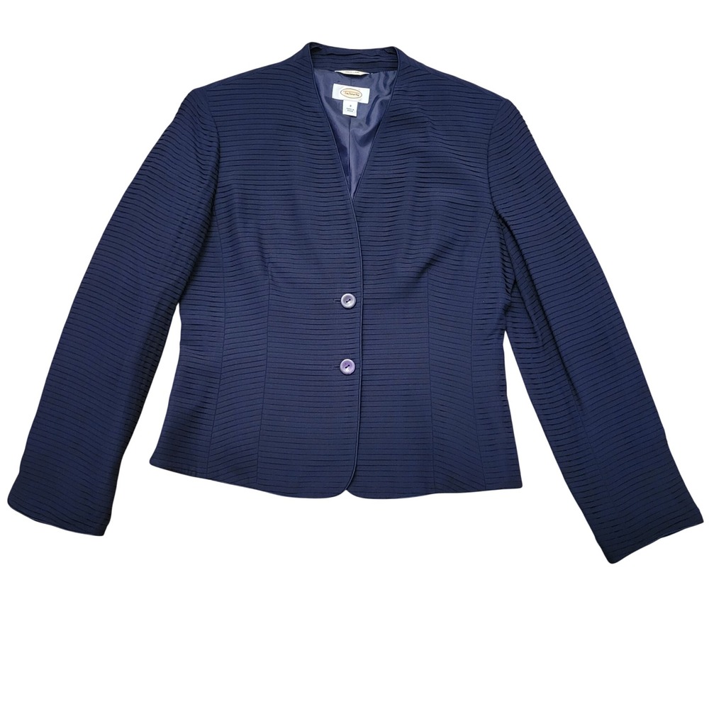 Talbots 8 Blazer Navy Blue Silk Pleated Texture Collarless Dark Academia Preppy